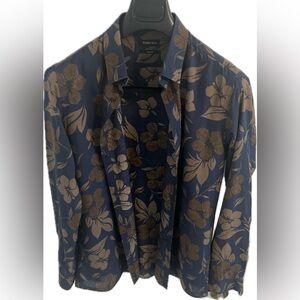 Floral Navy and Brown Casual Button Down Shirt